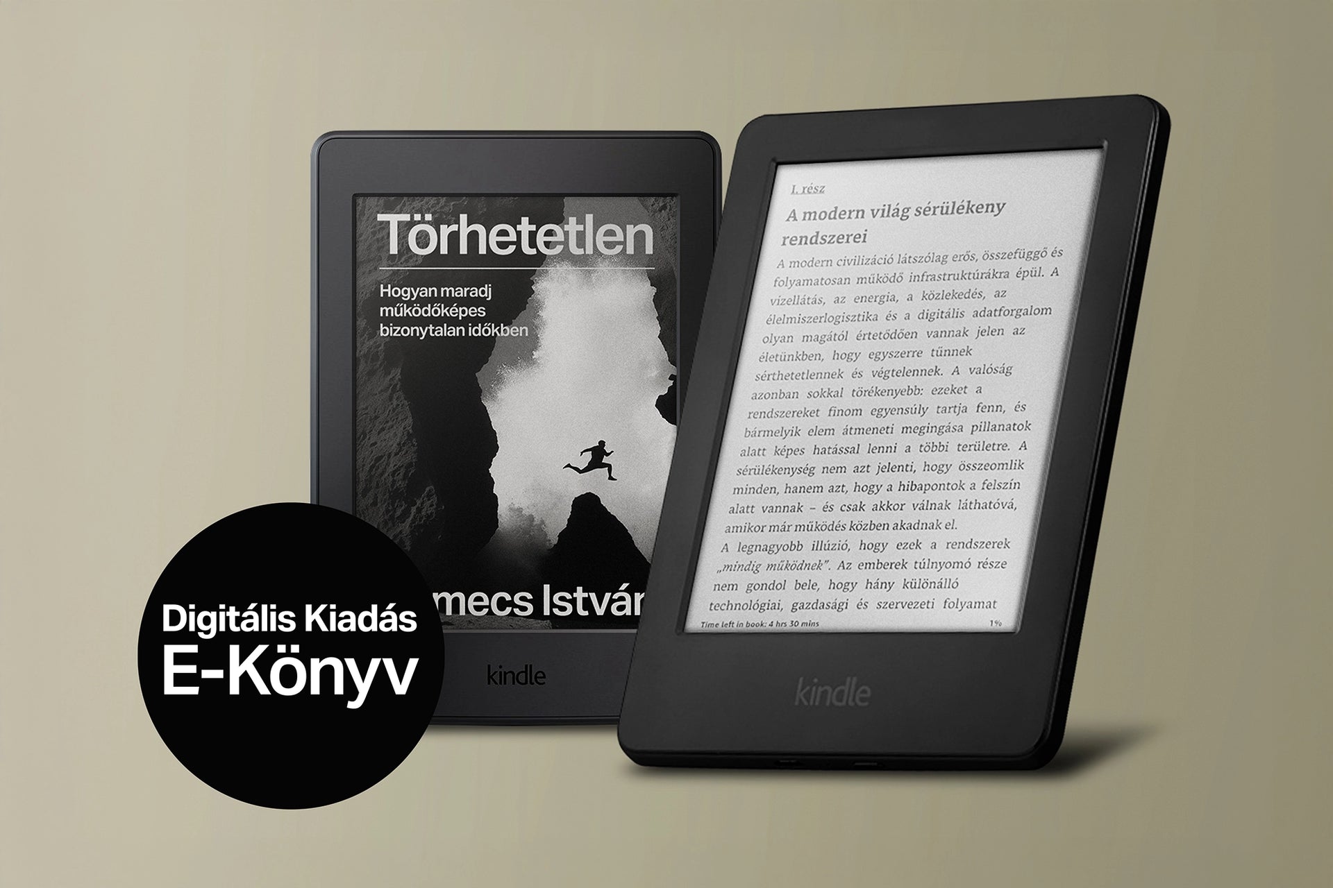Törhetetlen című könyv ebook formája két kindle készüléken bemutatva az egyiken a borító a másikon a tartalom.